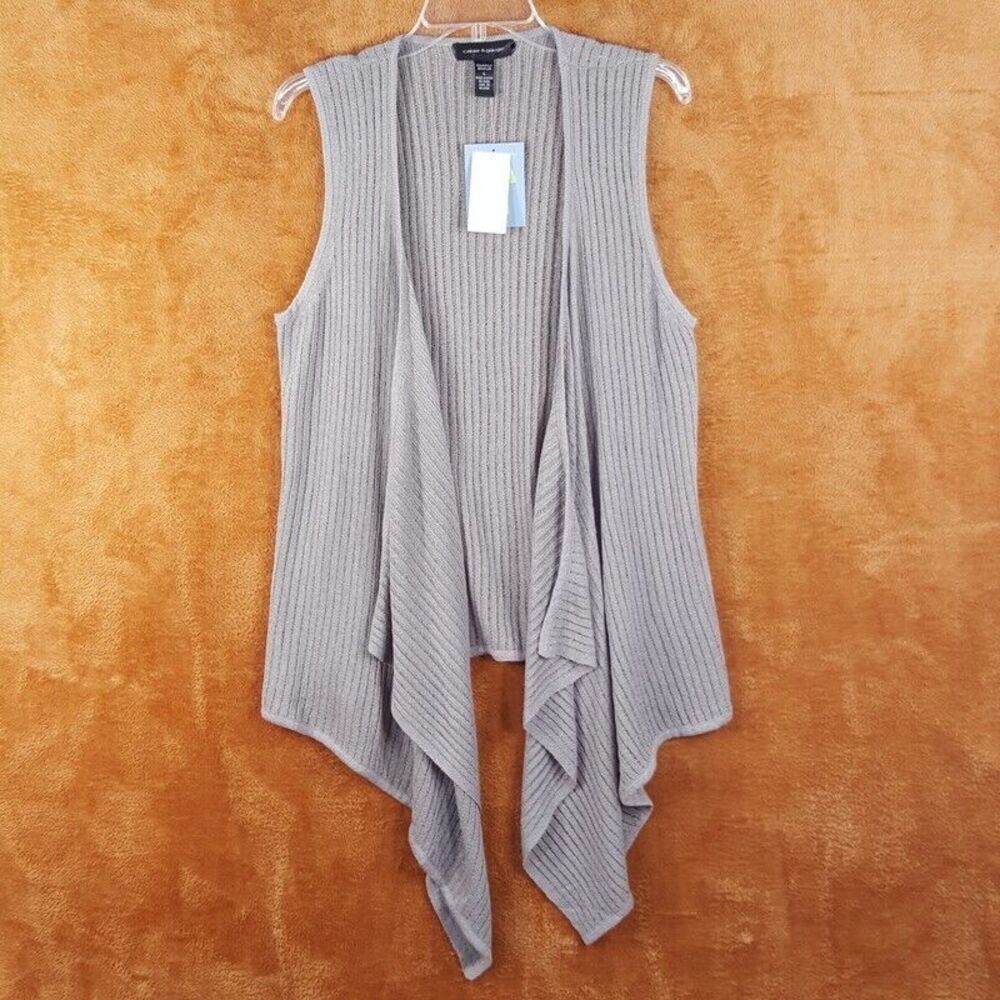 CABLE & GAUGE Womens Sweater Large Gray Vest Ribbed Open Sheer Knit Asymmetrical